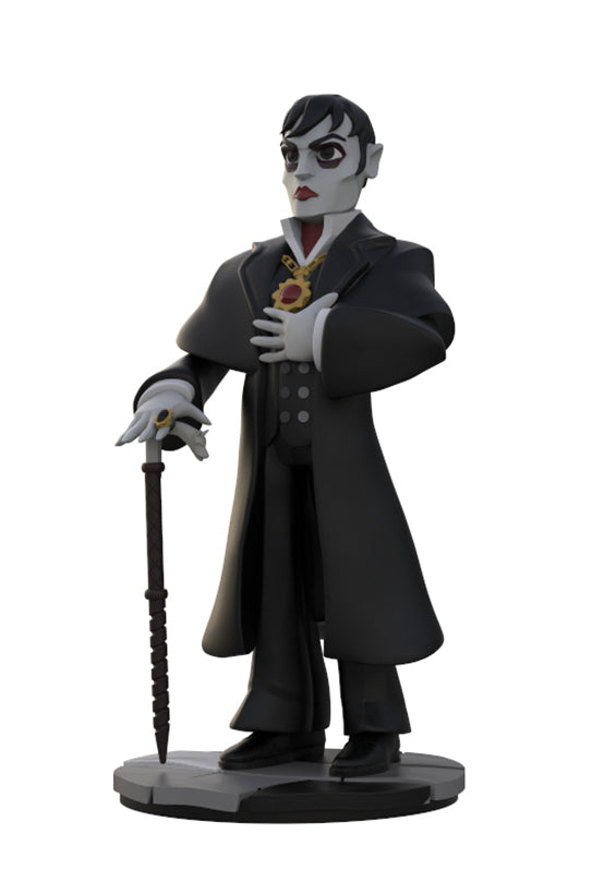 A collectible vinyl figure of Dracula standing on a circular base, wearing a long black coat, white gloves, and holding a black cane against a plain white background.