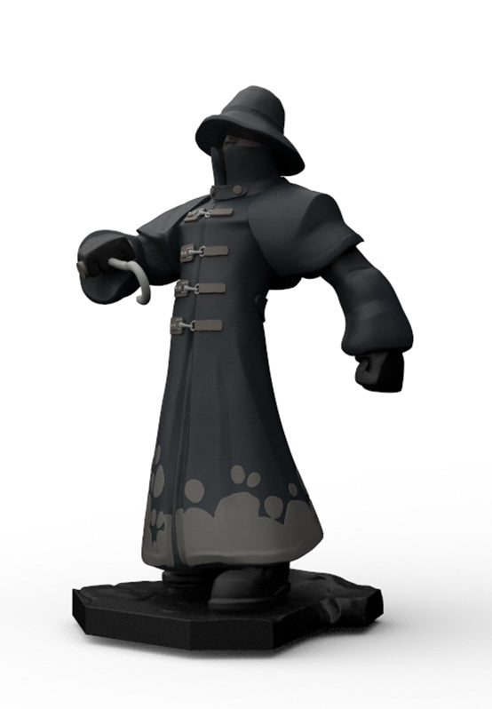 A dark gray collectible figurine of a hooded character wearing a long coat with toggle details, standing on a black base against a white background.