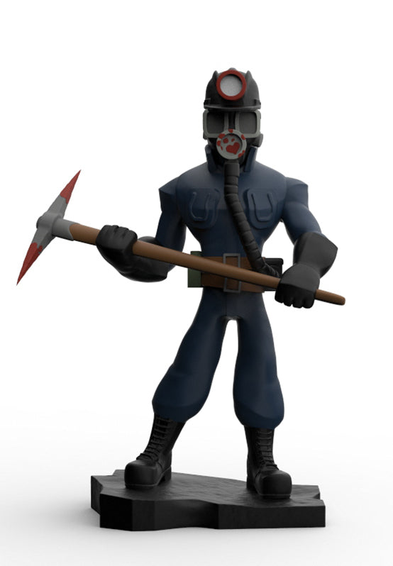 A 3D-rendered figurine of a miner character wearing a dark blue jumpsuit, black boots, a gas mask with a headlamp, and holding a pickaxe, standing on a black base against a white background.