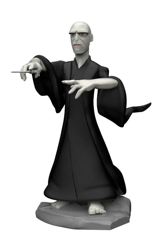 A grayscale 3D-rendered figurine of a bald wizard in a long black robe standing on a gray base, with one hand holding a wand and the other extended forward, on a plain white background.