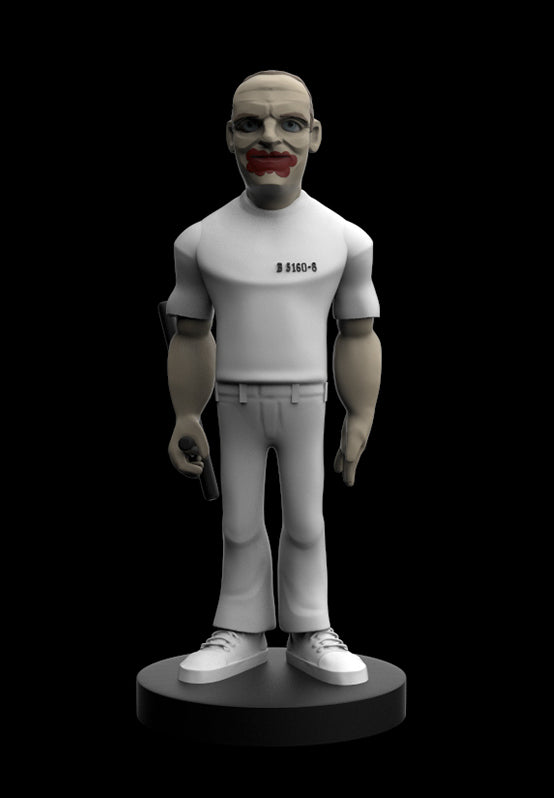 A stylized 3D-rendered humanoid figure standing on a round black platform against a solid black background. The figure has a pale face with red lips, gray skin, a white short-sleeve top with small black text reading '$180-6', light gray pants, and white sneakers.