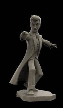 A monochrome 3D-printed figurine of a man in a long coat and suit, posed dynamically with one hand extended forward, standing on a geometric base against a solid black background.