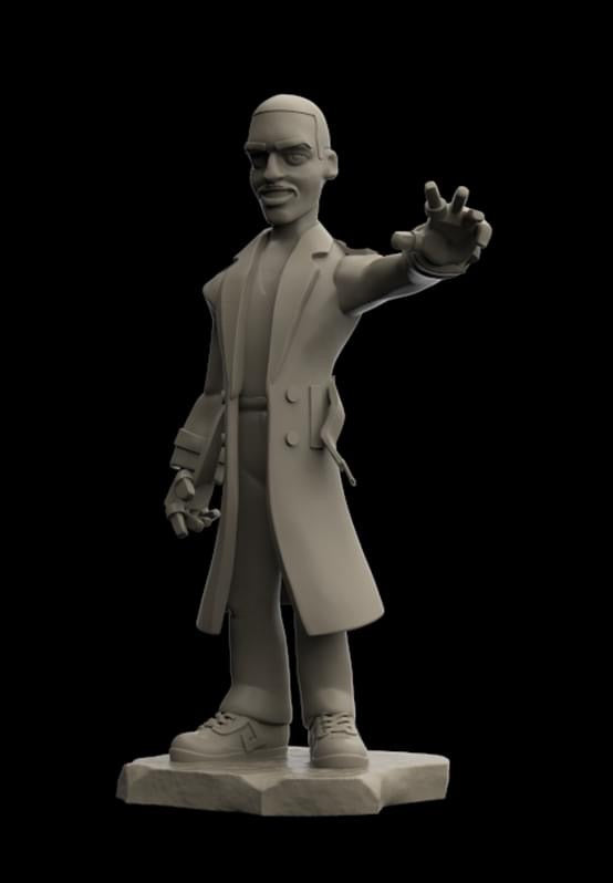 A monochrome 3D-rendered figurine of a man in a long trench coat and glasses, standing on a base with one arm extended forward, shown against a solid black background.