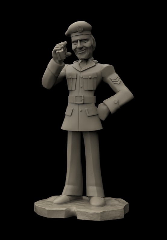 A monochrome 3D-printed figurine of a smiling military officer standing on a base, holding a phone to his ear, shown against a solid black background.