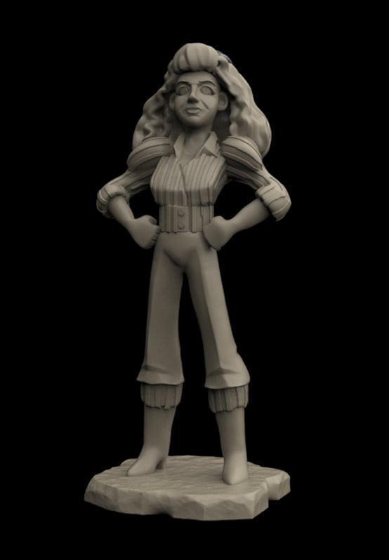 A monochrome 3D-rendered female figurine or statue standing on a textured base against a solid black background.