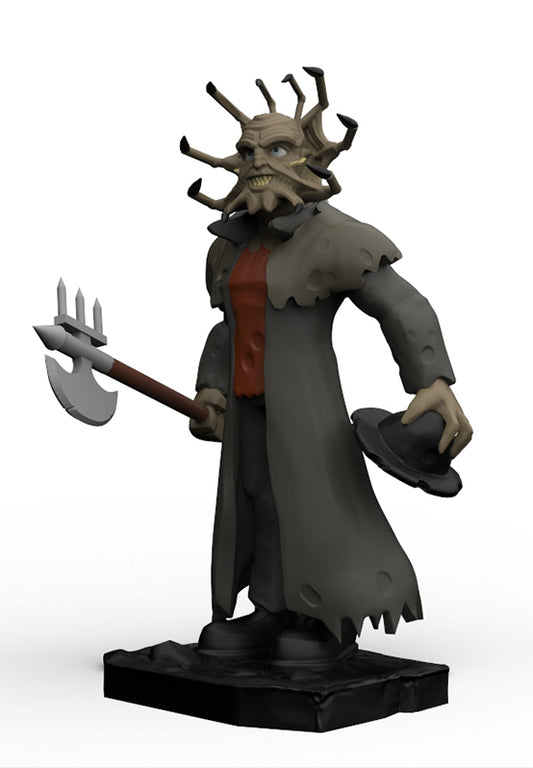 A 3D-rendered horror miniature figurine of a skull-faced character wearing a long dark coat, red shirt, and black hat, holding a large three-pronged axe and standing on a black base against a white background.