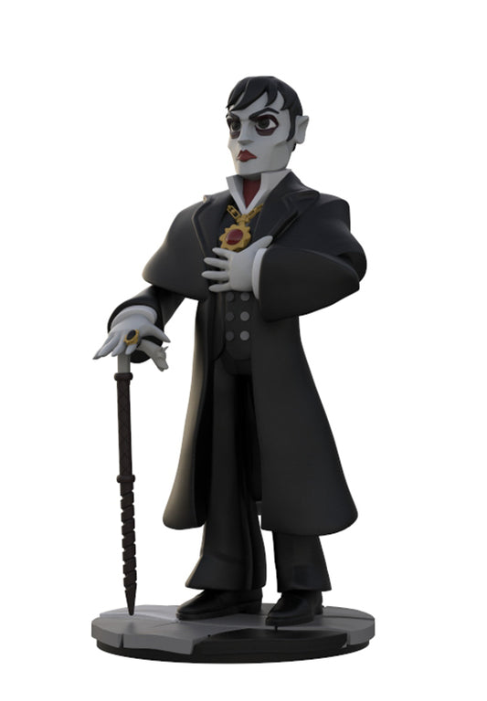A collectible vinyl figure of Dracula standing on a circular base, wearing a long black coat, white gloves, and holding a black cane against a plain white background.
