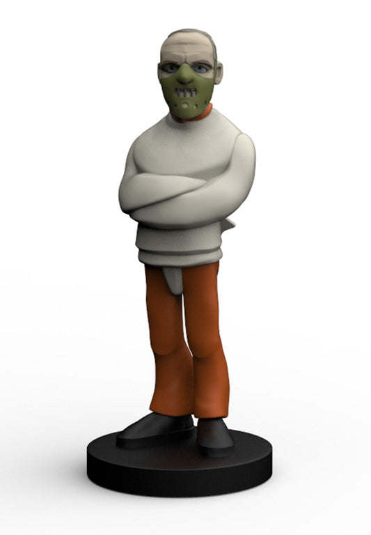 A 3D-rendered figurine of a bald man with a green zombie-like face, wearing a light gray sweater, orange pants, and black shoes, standing on a round black base against a white background.