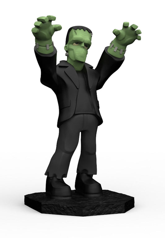A green-skinned Frankenstein's monster figurine wearing a black suit, standing on a black base with arms raised, shown against a plain white background.