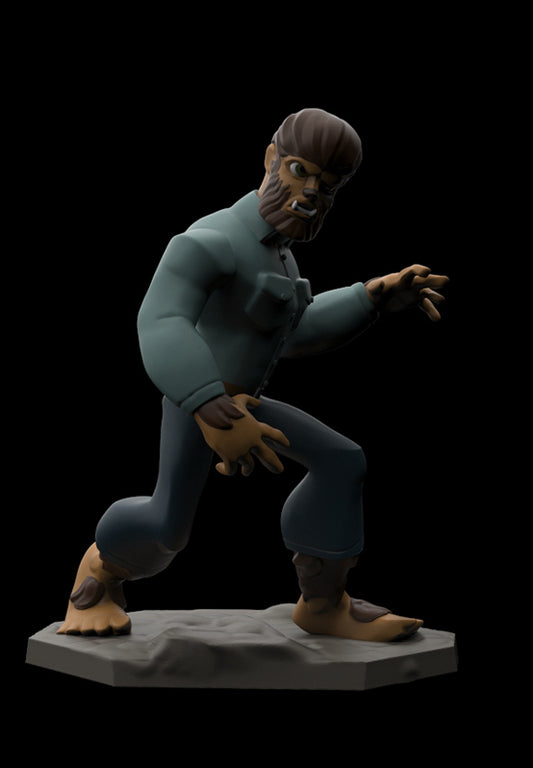 A 3D-rendered figurine of a werewolf character in a crouching pose, wearing a teal-blue shirt and pants with brown fur and claws, standing on a gray base against a black background.