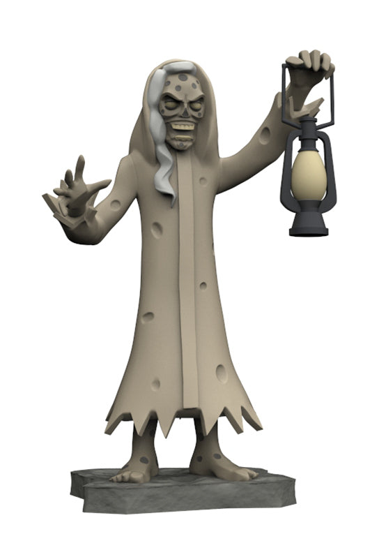 A 3D-printed figurine of a spooky ghostly zombie character wearing a tattered beige robe with holes, holding a black lantern, standing on a gray base against a white background.