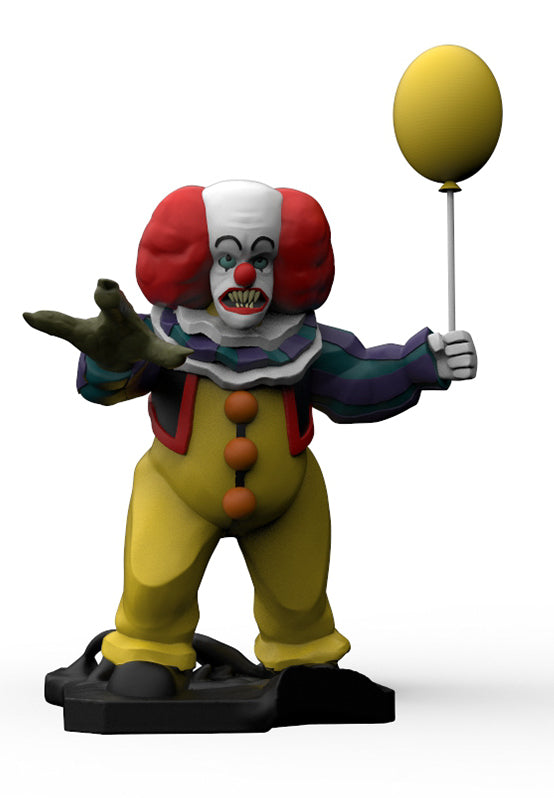A stylized horror clown figurine standing on a black base, holding a yellow balloon. The clown has red hair, a white face with red and black details, a purple and blue striped jacket, yellow pants, and orange buttons.