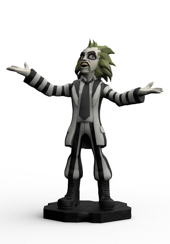 A 3D-rendered figurine of a character with green hair, wearing a black-and-white striped suit, white face paint, and a dark tie, standing on a black base against a light gray background.