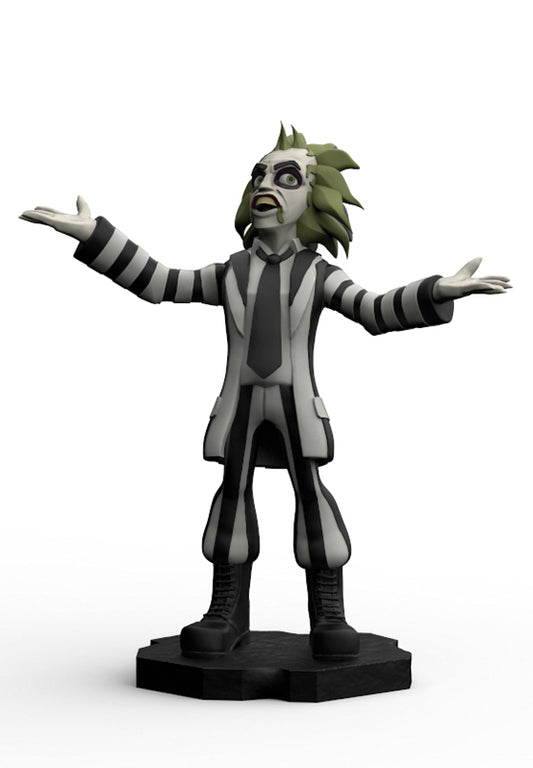 A 3D-rendered figurine of a character with green hair, wearing a black-and-white striped suit, white face paint, and a dark tie, standing on a black base against a light gray background.