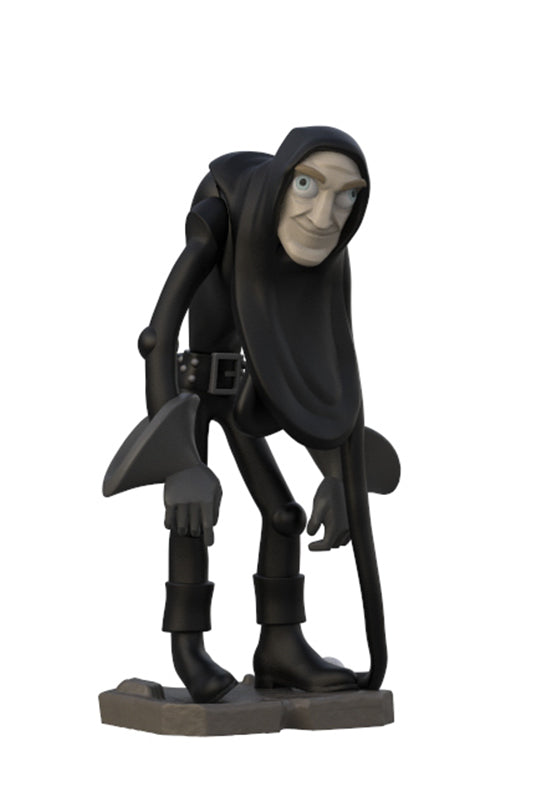 A collectible figurine of the character Death from the movie The Nightmare Before Christmas, wearing a tattered black hood and robe, holding a scythe and a pitchfork, standing on a gray base against a white background.