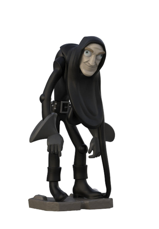 A collectible figurine of the character Death from the movie The Nightmare Before Christmas, wearing a tattered black hood and robe, holding a scythe and a pitchfork, standing on a gray base against a white background.