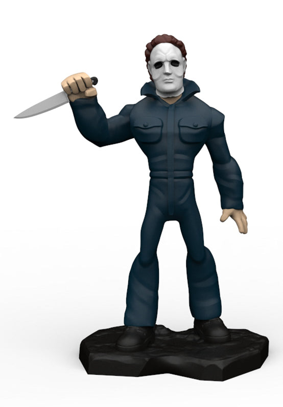 A Michael Myers collectible figurine wearing his signature white mask and dark blue jumpsuit, holding a silver knife in his raised right hand, standing on a black base against a white background.