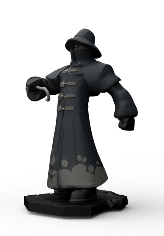 A dark gray collectible figurine of a hooded character wearing a long coat with toggle details, standing on a black base against a white background.