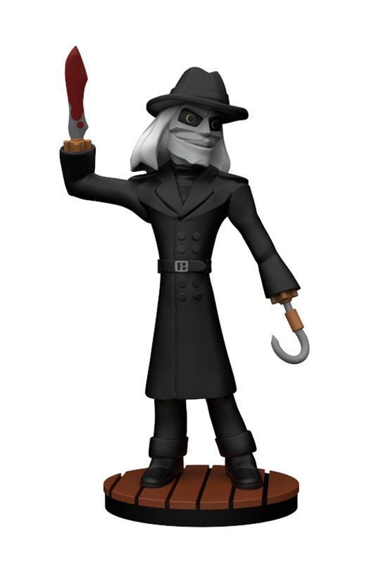 A stylized collectible figurine of a masked character wearing a long black coat and hat, standing on a round base. The figure has white hair, holds a red knife in one raised hand, and has a hook in the other hand.