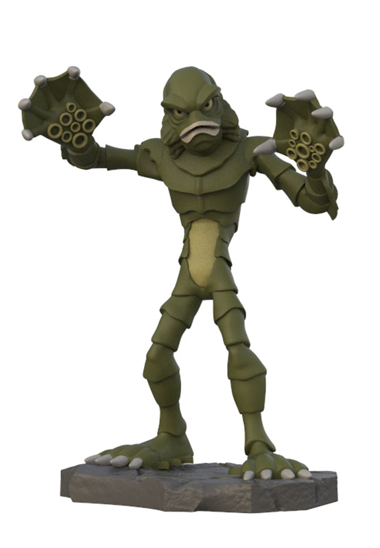 A green creature action figure or collectible statue with large clawed hands, standing on a gray base against a plain white background.