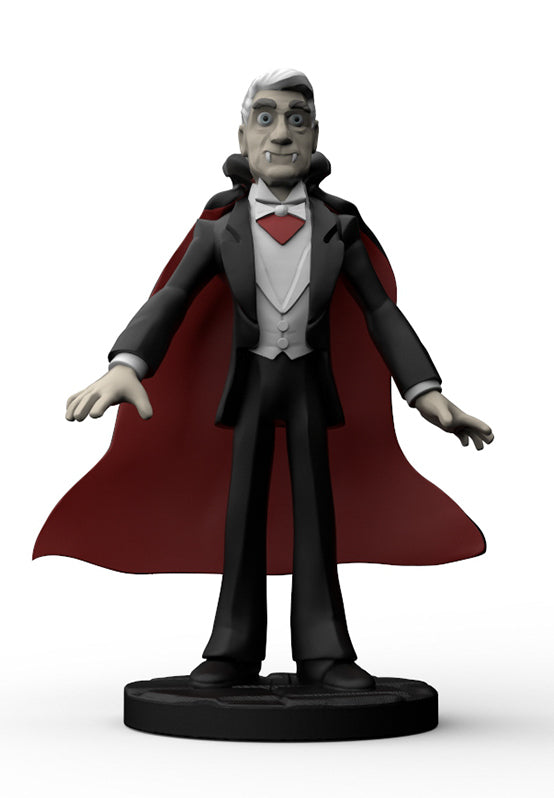 A stylized vampire figurine standing on a round black base against a light gray studio background. The figure has pale gray skin, white hair, a black suit, a white shirt, a red bow tie, and a large dark red cape.