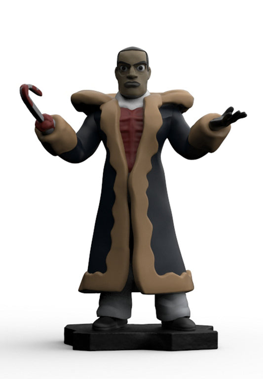A stylized 3D-rendered figurine of a man in a long tan coat over a dark outfit, standing on a black base against a light gray background.
