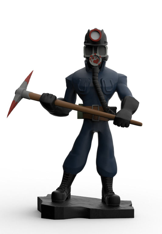 A 3D-rendered figurine of a miner character wearing a dark blue jumpsuit, black boots, a gas mask with a headlamp, and holding a pickaxe, standing on a black base against a white background.