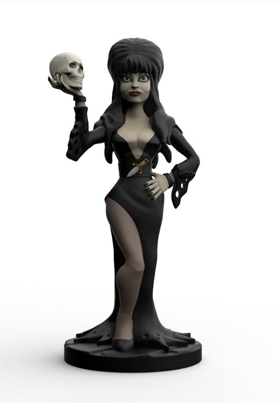 A gothic female figurine in a black dress holding a skull, standing on a round base against a white background.