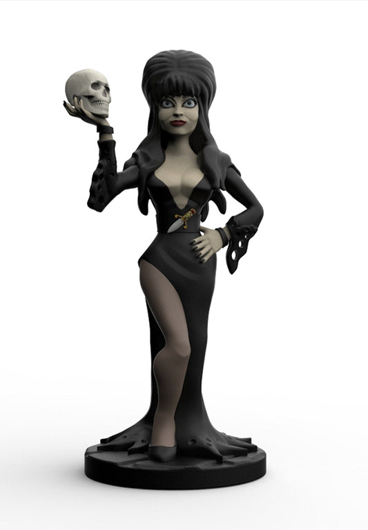A gothic female figurine in a black dress holding a skull, standing on a round base against a white background.