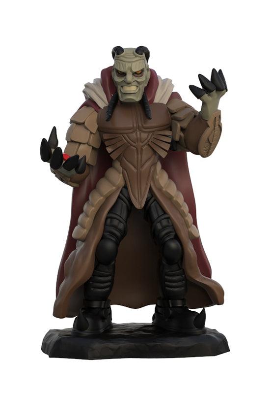 A fantasy warrior figurine of a horned creature in brown armor with a dark red cape and black boots, standing on a black base against a white background.