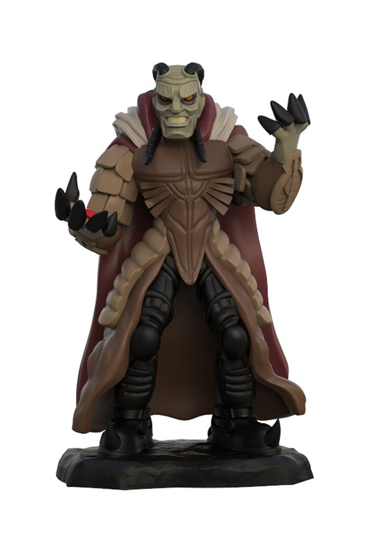 A fantasy warrior figurine of a horned creature in brown armor with a dark red cape and black boots, standing on a black base against a white background.