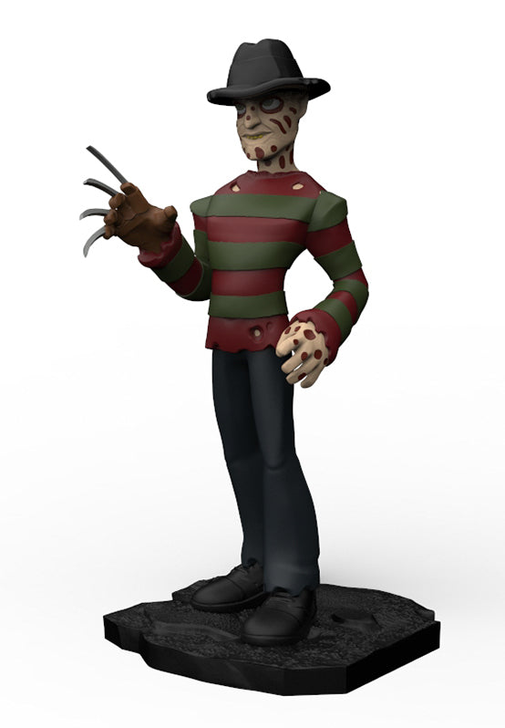 A stylized Freddy Krueger collectible figure standing on a black base against a plain white background. The figure wears a black fedora, a green and red striped sweater, dark pants, and a clawed glove, with a distressed, scarred face.