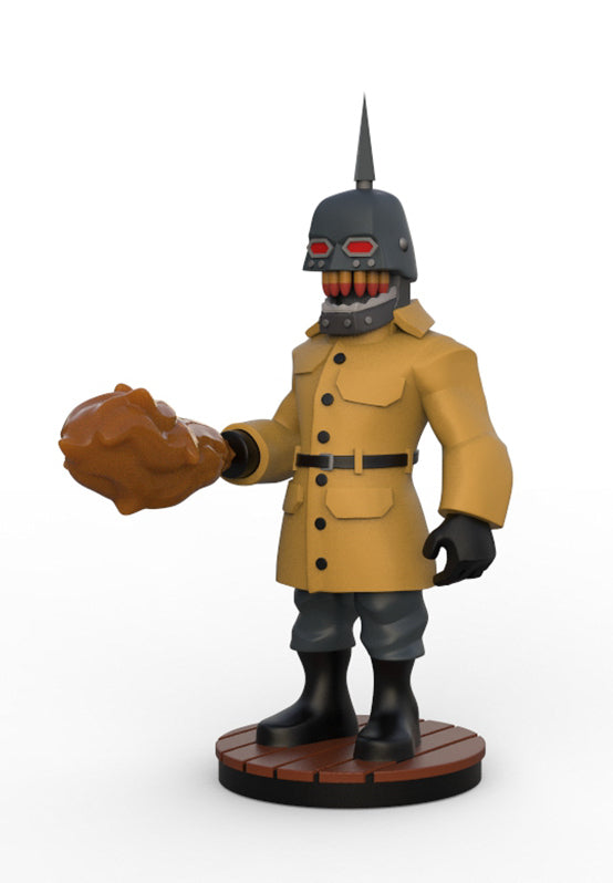 A stylized collectible figurine of a character wearing a tan trench coat, dark gray helmet with a spike, black boots, and holding a brown object in one hand, shown on a plain light gray background.