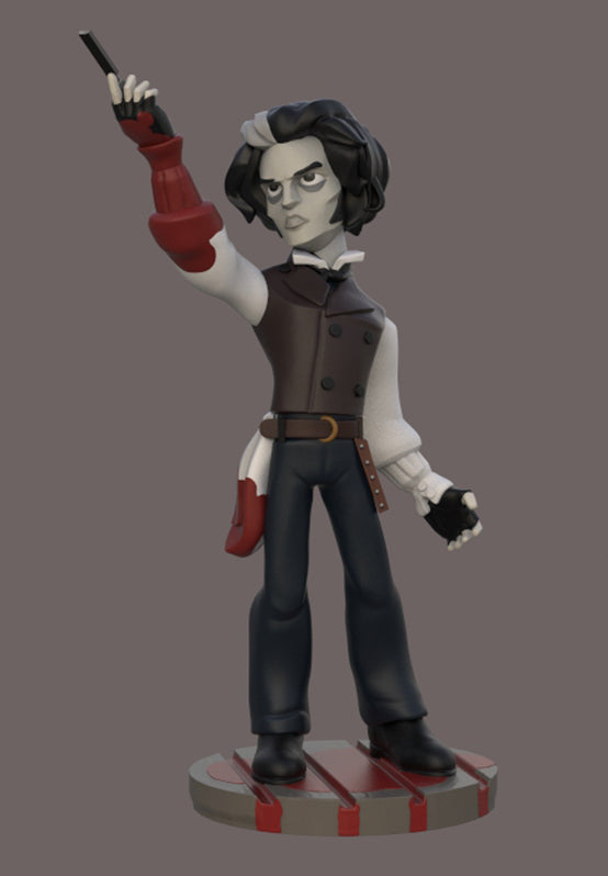 A stylised 3D-rendered Barbour character figurine standing on a round base, wearing a dark vest, white shirt, dark pants, and black boots, with red arm and waist accessories, against a plain taupe background.