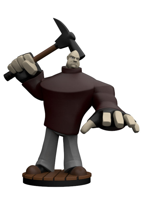 A stylized 3D-rendered character figure of a muscular stone-skinned worker holding a pickaxe overhead, wearing a dark brown tunic and gray pants, standing on a round wooden base against a plain white background.