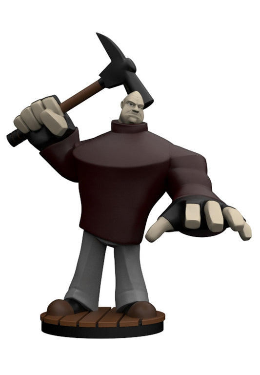 A stylized 3D-rendered character figure of a muscular stone-skinned worker holding a pickaxe overhead, wearing a dark brown tunic and gray pants, standing on a round wooden base against a plain white background.