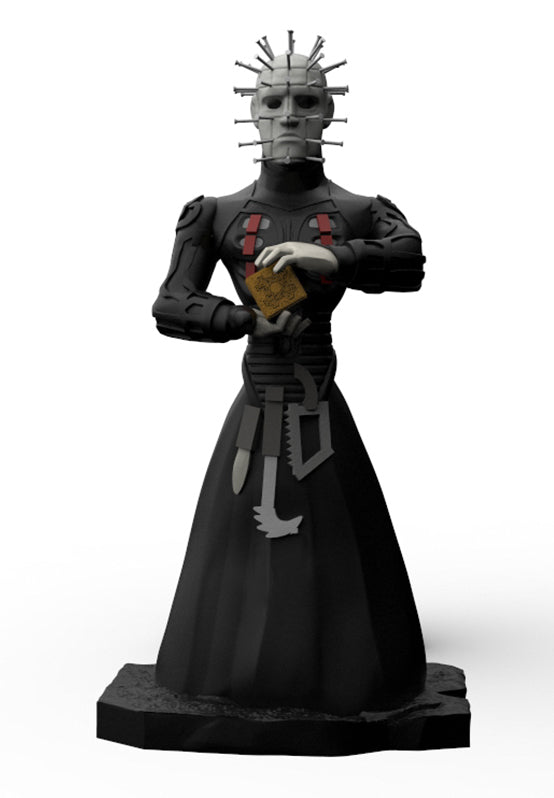 A black and gray horror character figurine with a pin-striped skull face, long dark dress, and small gold box in both hands, standing on a textured black base against a white background.