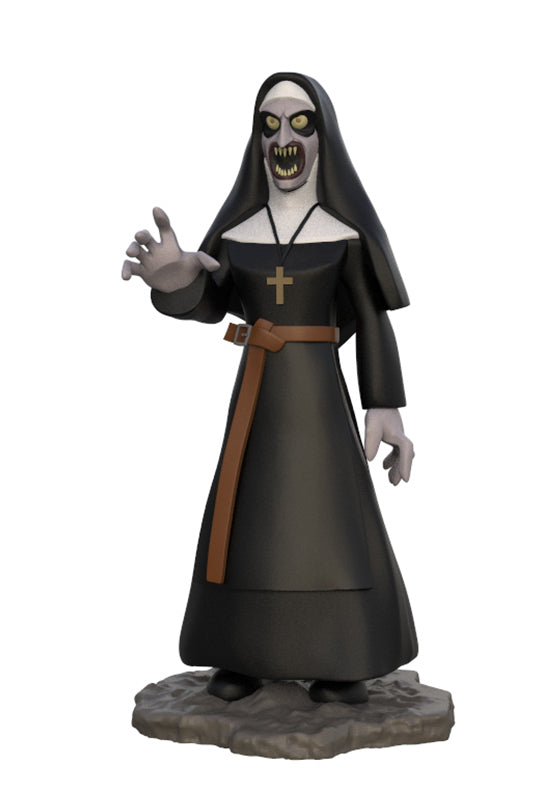 A stylized collectible figurine of a skeletal nun in a black habit with a brown belt, standing on a gray rocky base against a plain white background.
