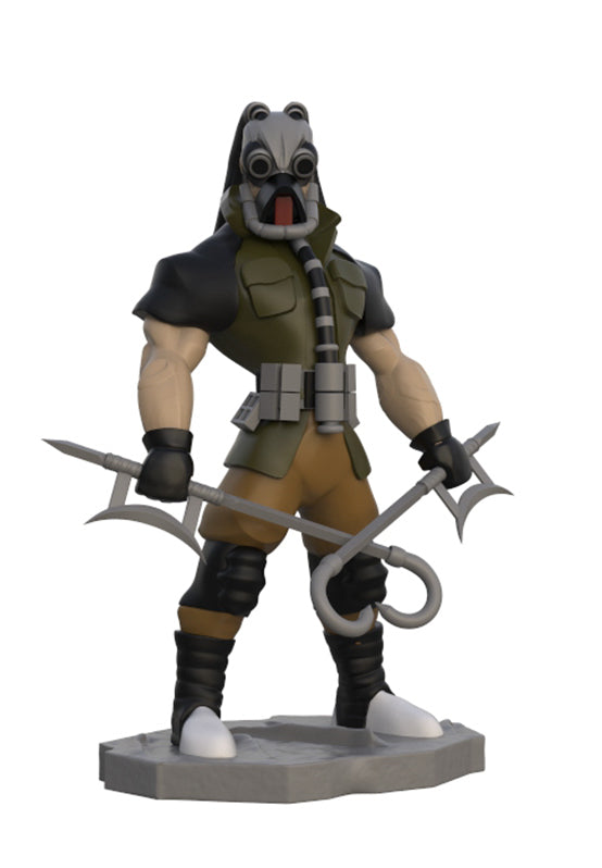 A stylized collectible figurine of a character wearing a gas mask, olive green vest, tan pants, and black gloves and boots, holding two metal hooks, standing on a gray base against a plain white background.