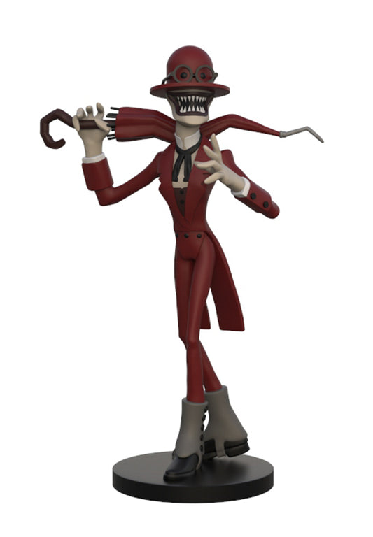 A stylized collectible figure of a red-suited character with a wide grin, black hat, and curved cane, posed on a round black base against a plain white background.
