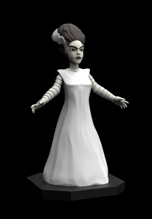 A 3D-rendered figurine of a woman in a long white dress with gray striped arm bands, standing on a dark base against a black background.