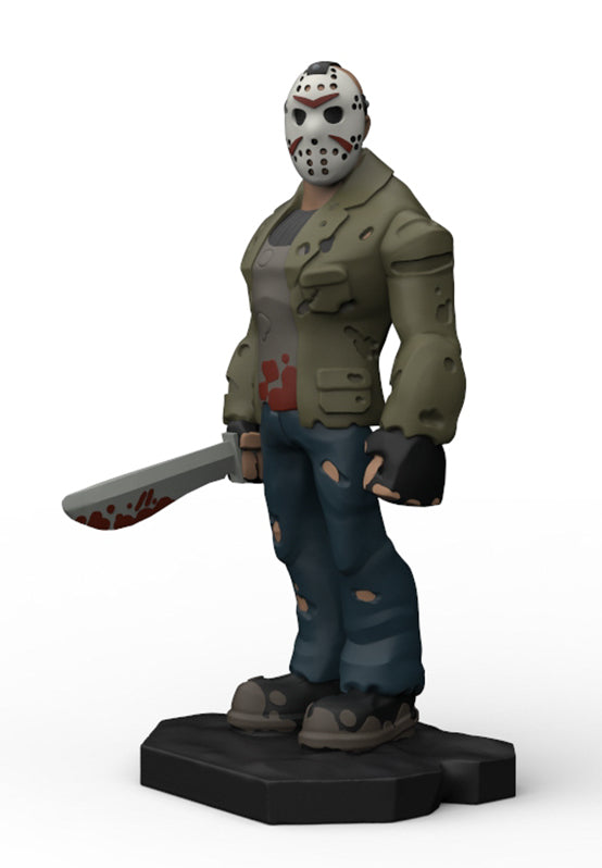 A stylized resin figurine of a horror character wearing a hockey mask, olive green jacket, ripped blue jeans, and holding a blood-stained machete, standing on a black base against a white background.