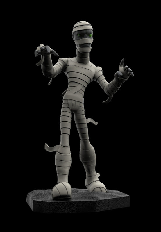 A monochrome 3D-rendered mummy figure standing on a dark base against a black background.