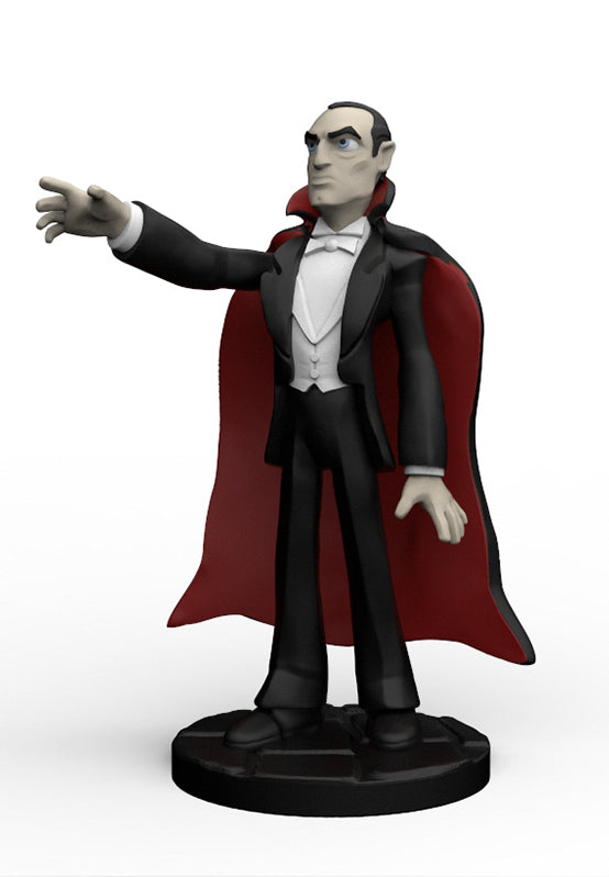 A 3D-rendered vampire figurine standing on a round black base, wearing a black tuxedo with a white shirt and a large red cape, against a plain light gray background.
