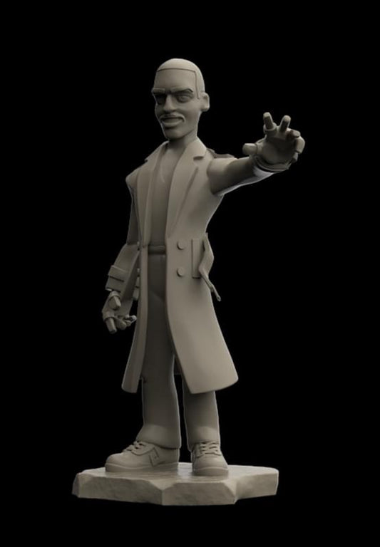 A monochrome 3D-rendered figurine of a man in a long trench coat and glasses, standing on a base with one arm extended forward, shown against a solid black background.