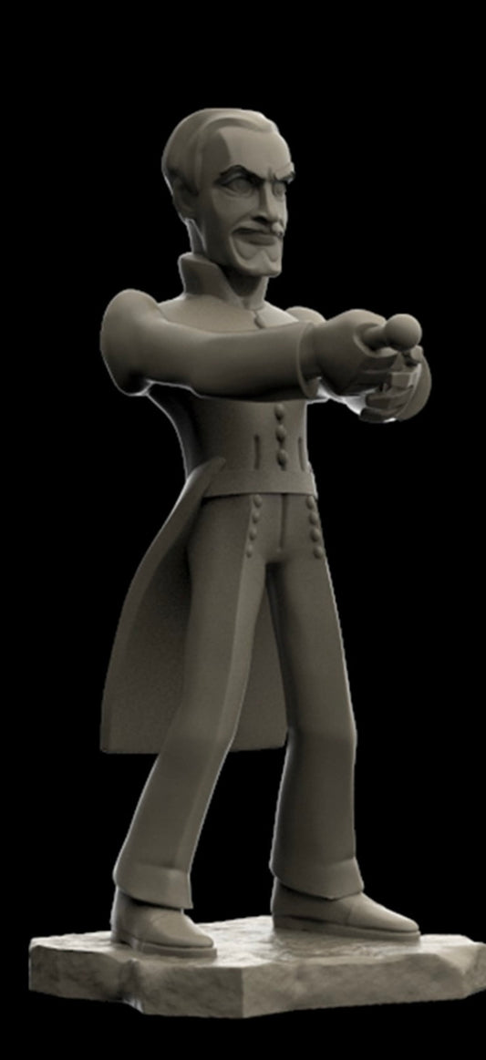 A gray 3D-printed figurine of a man in a long coat pointing forward, mounted on a stone-textured base against a solid black background.