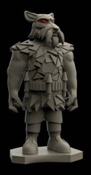 A gray 3D-rendered fantasy warrior figurine with a wolf-like head, red eyes, a beard, and angular armor, standing on a small rectangular base against a black background.