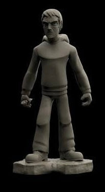 A small gray figurine of a standing person with short hair, wearing a hooded top and pants, displayed on a base against a black background.