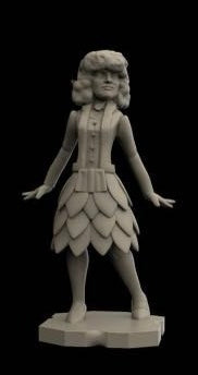 A light gray 3D-printed figurine of a young girl with short wavy hair, wearing a patterned dress, standing on a matching base against a solid black background.