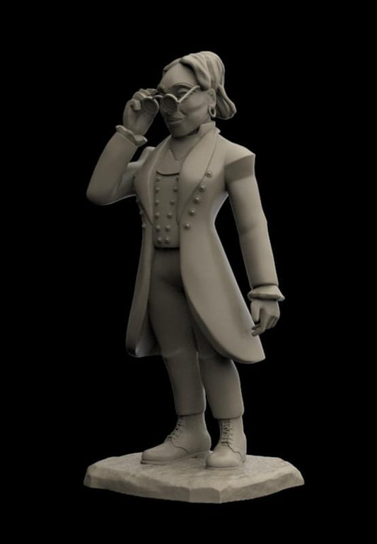 A monochrome 3D-printed figurine of a man in historical attire wearing glasses and holding them to his face, standing on a textured base against a solid black background.